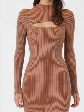 French Connection Ribbed Long-Sleeve Cutout Midi Dress in Rust Brown